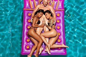Two exotic beauties share bald-headed tramp in FFM threesome